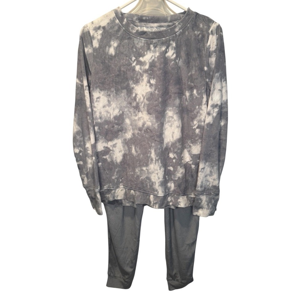 Cuddl Duds Womens Grey White Tie Dye 2 Piece Pajama Set Plush Fleece S NEW Cozy